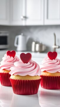Cupcakes decorated with pink hearts on a white plate in the kitchen. generative ai