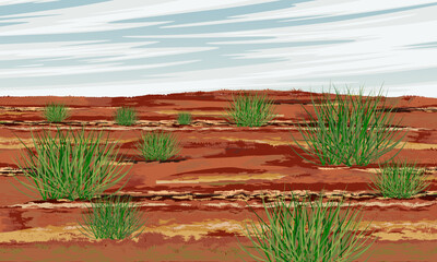 Red clay soil with green bushes. Wildlife of Australia. Realistic vector landscape