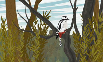 A great spotted woodpecker sits on a tree branch in a summer forest. Wild bird of Palearctic and North America. Realistic vector landscape