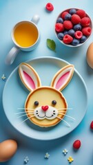 bunny made of pancake and fresh berries on blue background. generative ai