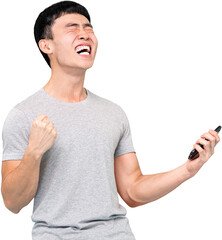 Ecstatic Asian man with cellphone in hand celebrating success with clenched fists PNG file no background 