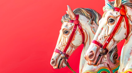 Vintage carousel horses on red background