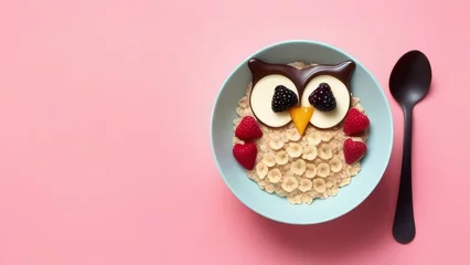 Foto auf Acrylglas Creative breakfast for kids. Funny owl made of oatmeal and berries on pink background. generative ai © Sarbinaz Mustafina