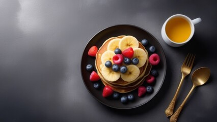 Pancakes with fresh berries and honey on a black background. generative ai