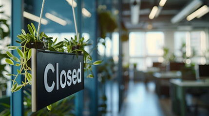 A shop closed sign, concept for business hours, cost of living, signage and economy. Copy space.