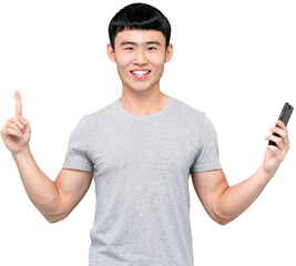 Smiling Asian man in casual wear holding cellphone and pointing hand up PNG file no background 