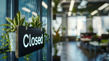 A shop closed sign, concept for business hours, cost of living, signage and economy. Copy space.