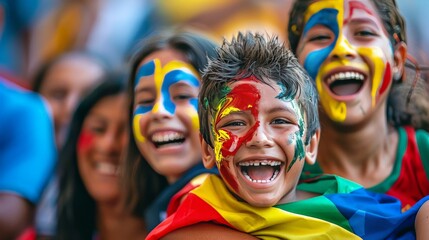 A Latinx family cheers on their youngest member at a soccer game, their faces painted with team colors, radiating pure joy and support. - obrazy, fototapety, plakaty