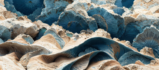 Beige and ocean blue layered rock pattern with flowing curves and detailed surface texture for backdrop.