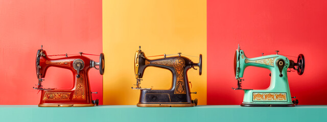 Vintage sewing machines on tri-color background