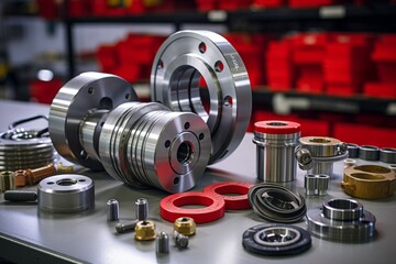 Fototapeta premium An Intricate Look at a Flexible Coupling Part Surrounded by Industrial Machinery and Tools
