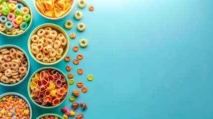 Colorful assortment of snacks on blue background