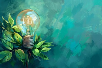 Renewable Energy Light Bulb with Green Leaves, Earth Day Environment Protection, Digital Painting - obrazy, fototapety, plakaty
