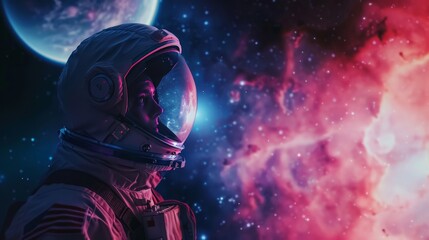 A lone astronaut gazes out of their helmet visor at a breathtaking nebula, their expression a mix of wonder and isolation. (cinematic, wide shot)