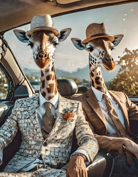 zwei, giraffen, maskerade, sitzend, im, auto, anzug, business, safari, Afrika, muster, neu, modern, lifestyle, cartoons, cartoon, surreal, wildlife, karte, gestalten, entwerfen