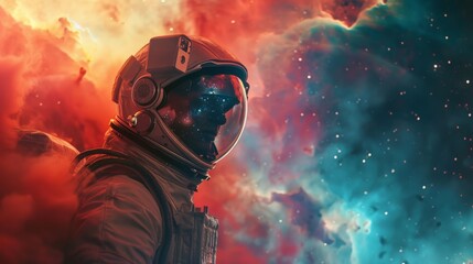 A lone astronaut gazes out of their helmet visor at a breathtaking nebula, their expression a mix of wonder and isolation. (cinematic, wide shot) - obrazy, fototapety, plakaty