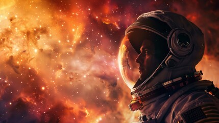 A lone astronaut gazes out of their helmet visor at a breathtaking nebula, their expression a mix of wonder and isolation. (cinematic, wide shot)