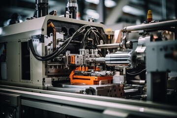 Fototapeta premium Industrial Landscape Featuring a Heat Press Machine Surrounded by Complex Piping Systems