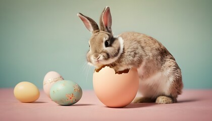 Fototapeta na wymiar Cute Easter bunny hatching Easter egg 