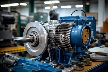 Intricate view of a robust electric motor surrounded by various tools and parts under the stark factory lights - obrazy, fototapety, plakaty