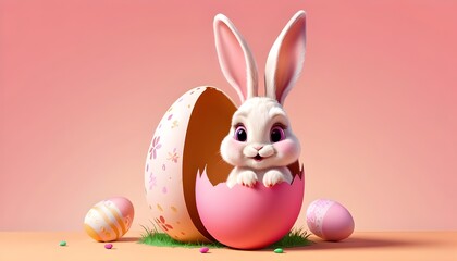 Cute Easter bunny hatching Easter egg 