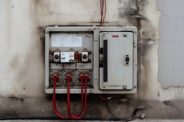Intricate view of an industrial junction box with visible wiring against a concrete backdrop