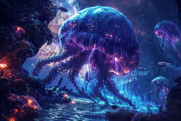 Surreal underwater scene with giant jellyfish and bioluminescent creatures, digital painting