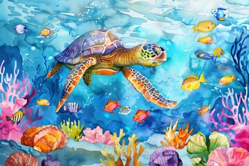 Underwater coral reef with colorful fish and sea turtles, watercolor painting