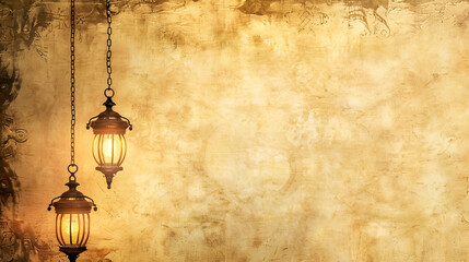 Vintage lanterns on textured wall background