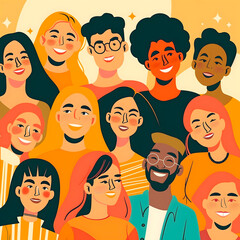 Inclusive colorfull illustration of several happy faces.