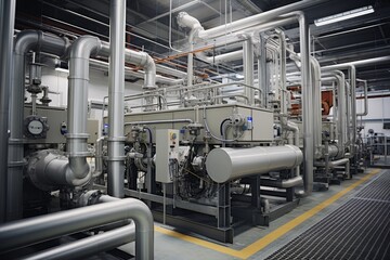 The Intricate Network of Machinery and Piping Systems Surrounding an Industrial Filtration Bed - obrazy, fototapety, plakaty