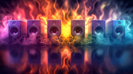 Music sounds speaker system on colorful bokeh background, The sound wave on the audio equipment...