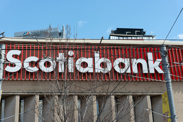 Fototapeta premium exterior building and sign of Scotiabank branch located at 222 Queen Street West in Toronto, Canada