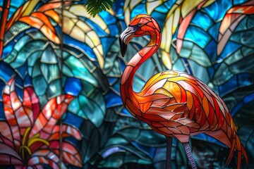 Vibrant stained glass showcase of a graceful flamingo, elegant and colorful - obrazy, fototapety, plakaty