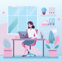 Women working  at desk - A women working at desk in the modern environment. Flat design vector illustration with beautiful background
