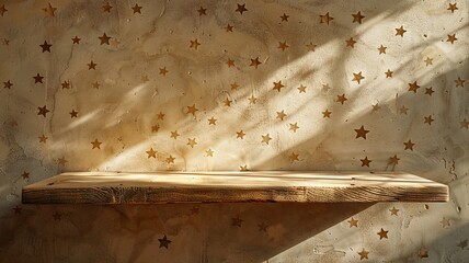 Soft daylight on simple wooden ledge with star-patterned wall