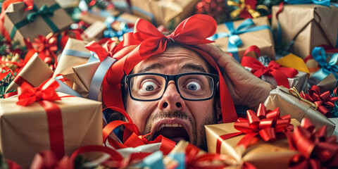 Stressed man engulfed in Christmas presents, holiday shopping stress, Christmas season, buying gifts