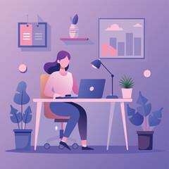 Women working  at desk - A women working at desk in the modern office . Flat design vector illustration with beautiful background
