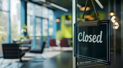 A shop closed sign, concept for business hours, cost of living, signage and economy. Copy space.