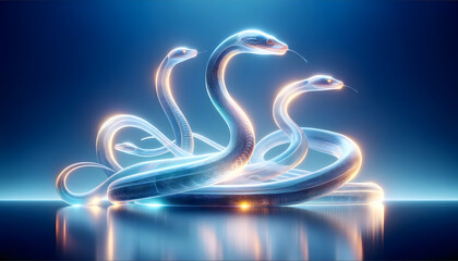 An artistic rendering featuring a translucent color snake against a gradient blue background, illuminated by backlighting. The snake appears layered and superimposed upon itself - obrazy, fototapety, plakaty