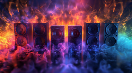 Music sounds speaker system on colorful bokeh background, The sound wave on the audio equipment...