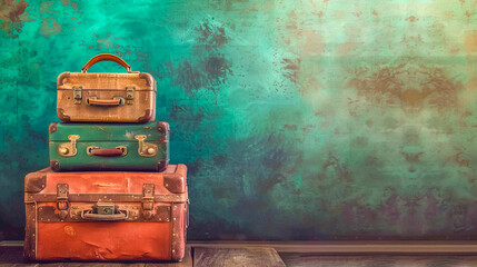 Vintage suitcases against turquoise wall