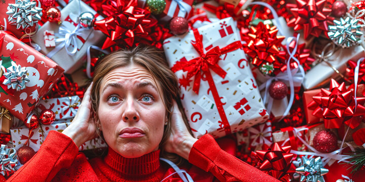 Stressed Woman Surrounded By Christmas Presents, Copyspace, Holiday Shopping, Christmas Season, Buying Gifts