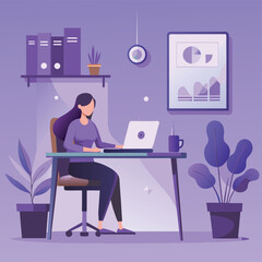 Women working  at desk - A women working at desk in the modern office . Flat design vector illustration with beautiful background
