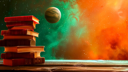 Cosmic knowledge: books with alien planet backdrop