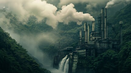 A majestic waterfall cascading down lush greenery, meeting a factory spewing black smoke at its base. Juxtapose the beauty of nature with the threat of industrial pollution. - obrazy, fototapety, plakaty