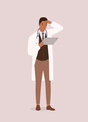One Black Male Doctor Looking At His Digital Tablet With Worried Face. Full Length.