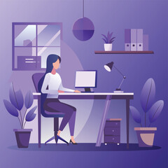 Women working  at desk - A women working at desk in the modern office . Flat design vector illustration with beautiful background
