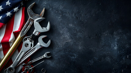 Building tools set on wooden background. Top view. Copyspace
