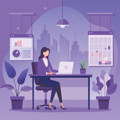 Women working  at desk - A women working at desk in the modern office . Flat design vector illustration with beautiful background
